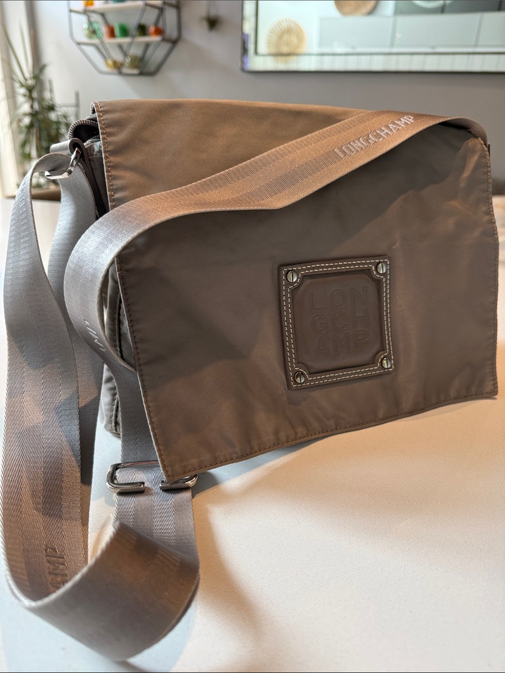 Vintage Longchamp Messenger Bag Crossbody with Branded Strap, Grey Taupe, Nylon